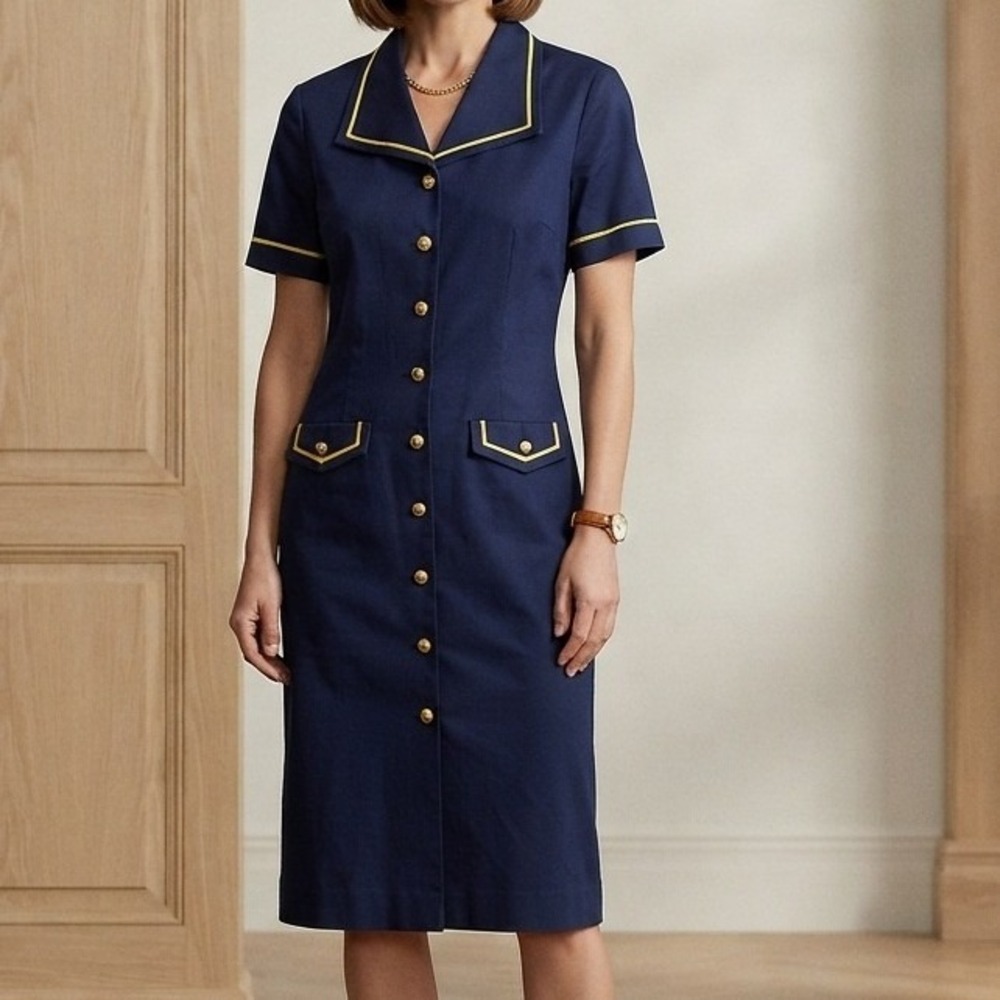 vtg Talbots linen Dress 6 Navy Linen Nautical Military Sheath preppy old money